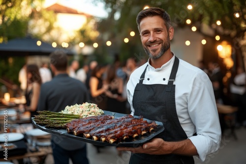 A chef in a white shirt and black apron presents a tray of barbecue ribs with sides of coleslaw and asparagus, smiling at an outdoor gathering with people in the background.