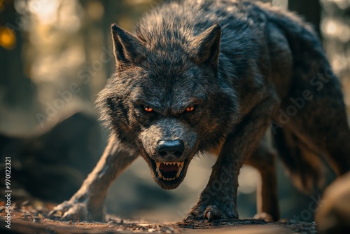 An intimidating wolf snarls fiercely, revealing sharp, threatening teeth, as it stands poised and ready to attack within a dark, dense forest setting.