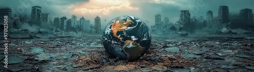 A damaged earth in a wasteland, showing the Americas engulfed by crumbling cities and decay, representing the tragic aftermath of environmental destruction.