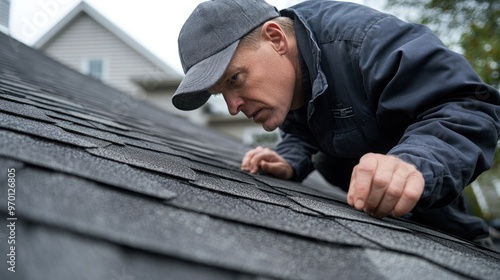 A roofer inspecting a shingle roof for damage