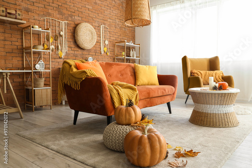 Interior of living room with cozy sofa, armchair, coffee table and autumn decor