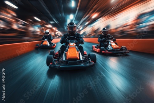 Three drivers compete in an indoor go kart race track with speed and banner