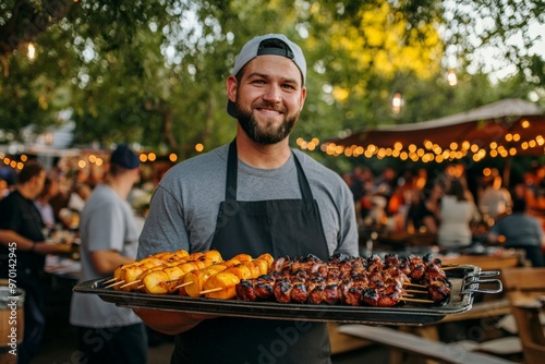 A bearded server in a black apron holds a tray of grilled meat skewers and vegetables in an outdoor dining setting with people enjoying the evening around.