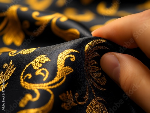 Close-up of a fingertip touching black fabric with gold embroidery.