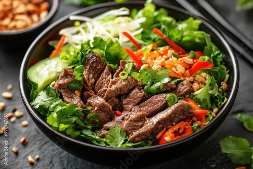 Vietnamese cuisine in Asian kitchen Beef Bo bun with salad and fresh herbs