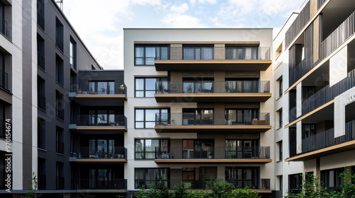 A frontal view of a cosy residential building. One side of the building is completely finished, the other side of the building is still a construction site at beginning 