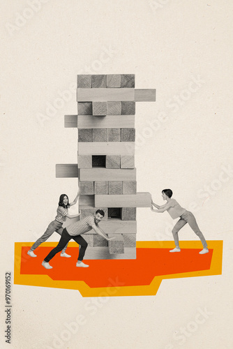 Vertical photo collage of board game business people project risky competition strategy build wooden jenga isolated on painted background