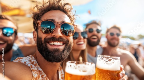 A group of friends taking a selfie at an outdoor festival, holding beer glasses and smiling, with colorful backgrounds and a sense of fun and enjoyment on a sunny day.