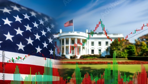 American flag, stock market chart, and White House representing election impact on economy