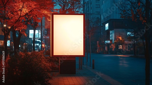 Blank Poster Billboard Mockup On Sidewalk Outdoor Advertising Display At Night : Generative AI