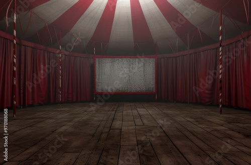 Vintage circus tent interior with stage