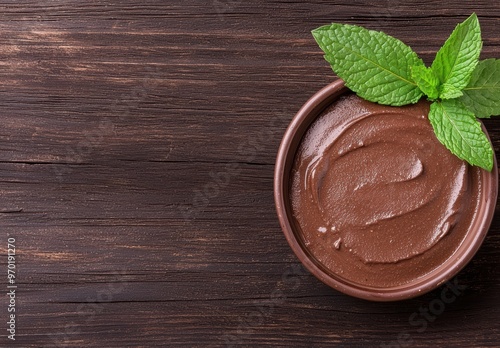 Delicious chocolate mousse dessert with mint leaves