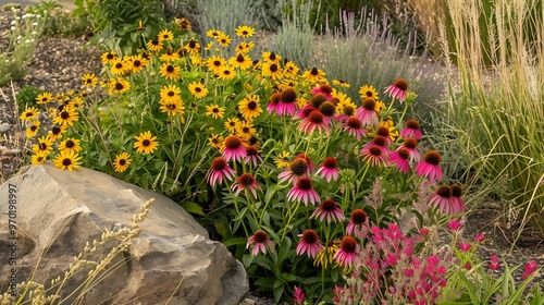 A xeriscape garden with a wide variety of hardy drought tolerant plants including Echinacea Coneflowers Gaillardia Geranium rozanne Poker plants and more : Generative AI