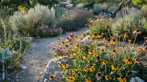 A xeriscape garden with a wide variety of hardy drought tolerant plants including Echinacea Coneflowers Gaillardia Geranium rozanne Poker plants and more : Generative AI