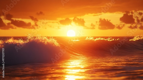 Beautiful stunning colorful and golden sunset in yellow orange red on beach and big wave panorama in tropical nature in Zicatela Puerto Escondido Oaxaca Mexico : Generative AI