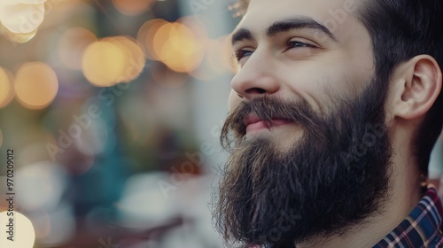 Bearded young man looking contented and smiling : Generative AI