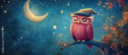 A charming pink owl wearing a hat sings a lullaby in a dreamy setting surrounded by a calm night sky and twinkling stars while perched on a crescent moon