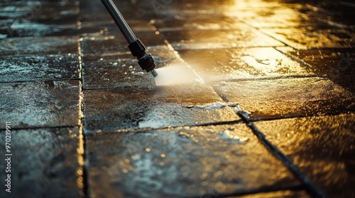 Dynamic view of high-pressure cleaning equipment restoring the floor tiles, water spraying everywhere