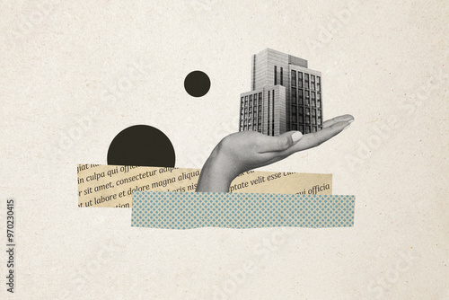 Composite photo collage of architect hand palm hold city building apartment urban immigration isolated on painted background