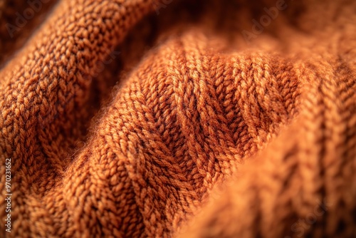 A close-up of the texture and pattern on an orange knitted sweater, highlighting its unique patterns