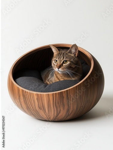 A stylish wooden pet bed featuring a cozy cushion, perfect for cats looking for a comfortable resting place.