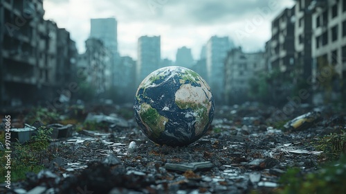 The Earth globe surrounded by a bleak, devastated urban environment, emphasizing the urgency of addressing environmental damage and promoting recovery.