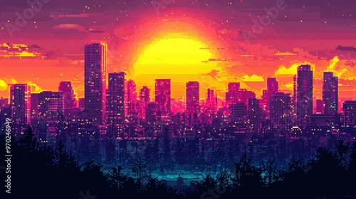 Pixelated skyline with a vibrant sunset setting behind skyscrapers, infusing the city with a warm, 8-bit glow and a serene ambiance.