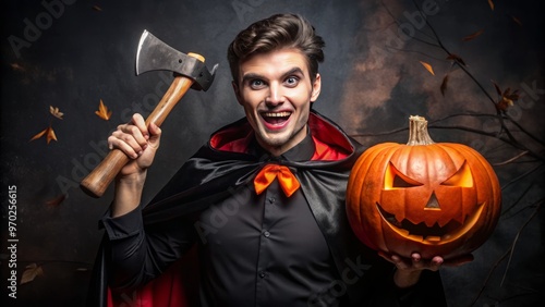 Masked vigilante dons black cape and sinister grin, clutching a pumpkin and axe, ready to defend the night