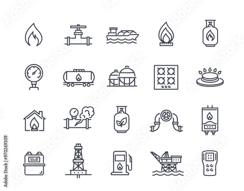 Set of natural gas line icons. Simple symbols with gas pipeline, cast iron burners, fuel tanks and gas station. Editable stroke. Outline vector illustration collection