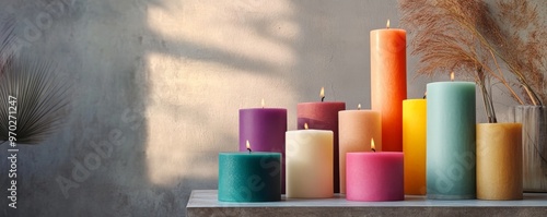 Colorful candles on a shelf in natural