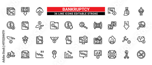 36 Bankruptcy Line Icons Set Pack Editable Stroke Vector Illustration.