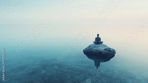 A figure sits in meditation on a rock, immersed in calm waters, embodying serenity at dawn