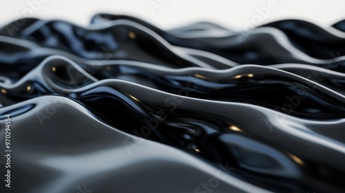 The flowing black liquid creates graceful waves that undulate smoothly in a softly lit setting