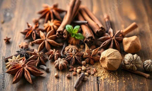 various whole spices including star anise, cinnamon sticks, cloves, and nutmeg arranged artistically on a rustic wooden table with soft lighting to enhance the textures.