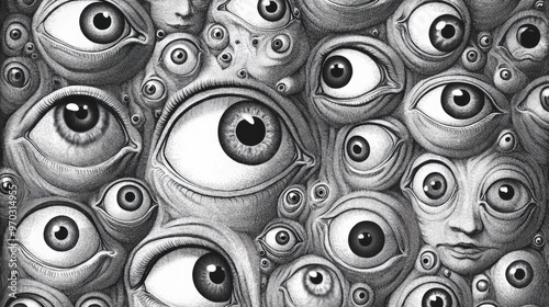 Surreal black and white engraving featuring a multitude of eyes