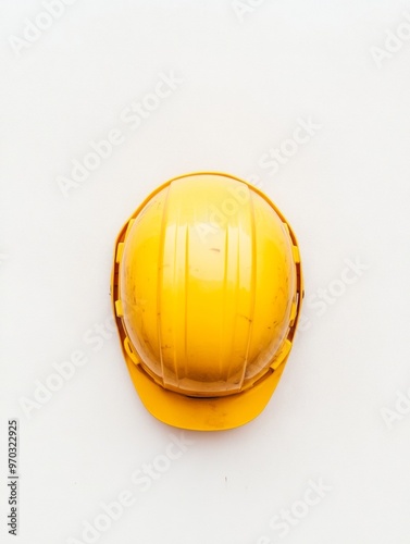 Minimalist Aerial View of Yellow Hard Hat on Roof of Unfinished Skyscraper