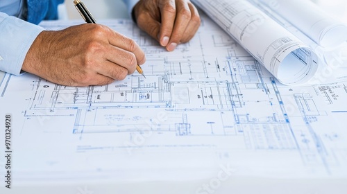 Architect s Hands Drawing Blueprints for Construction Project