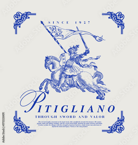 Art design of urban featuring an illustrated knight with horse, pitigliano italy, victorian illustration. Gothic font texts add an authentic urban, Perfect for clothing patterns