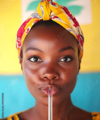 Close-Up of Woman with Serious Expression Drinking with Giant Glass Straw - Bright and Humorous Style