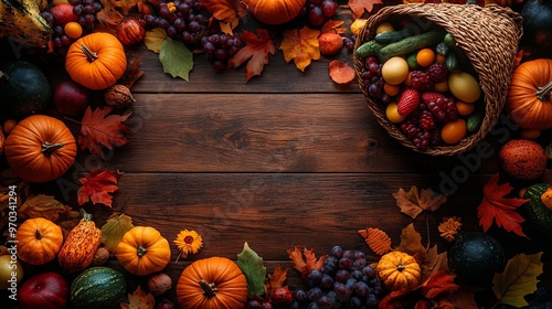 Thanksgiving Fall Harvest Table Top Still Life with Pumpkins Grapes and Cornucopia