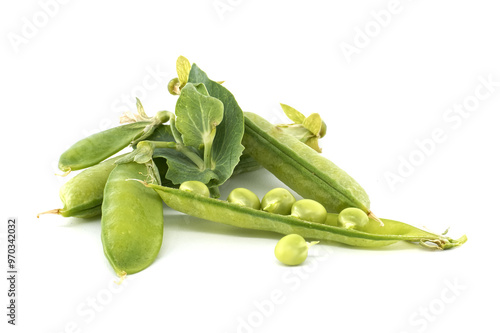 Fresh green peas in and out of pods isolated on white background