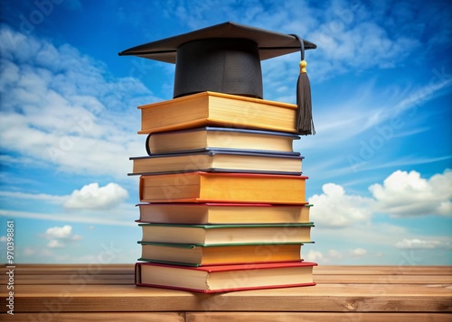 Piled high with a graduation cap crowning the summit, this towering stack of books symbolizes the culmination of educational pursuits and hard-won academic accomplishment.