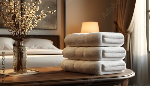 Inviting bedroom ambiance with neatly arranged towels and serene decor, enhanced by AI realism for a comfortable retreat feel