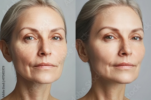 A woman before and after using the facial treatment, showing her wrinkles fading out and her skin looking more radiant and smooth