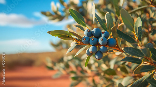 A detailed view of a bush tucker plant, native to the Australian Outback, with its edible fruits and distinctive leaves against the arid landscape 