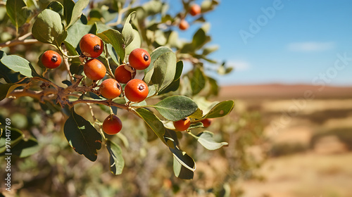 A detailed view of a bush tucker plant, native to the Australian Outback, with its edible fruits and distinctive leaves against the arid landscape 