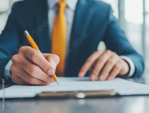 Businessperson making notes on a document while negotiating with a client, business deal, preparing for agreement