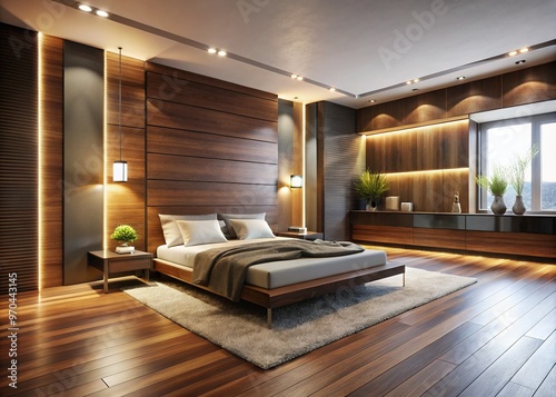 A modern room boasts a striking floating wall, its perpendicular placement contrasting with rich wood tones and soft ambient lighting for a dramatic effect.