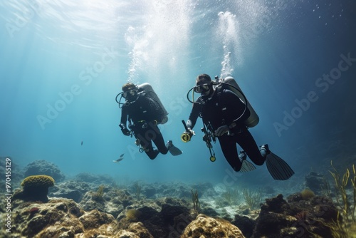 Two professional divers explore an underwater world filled with coral and marine life, showcasing the beauty and adventure of ocean exploration.