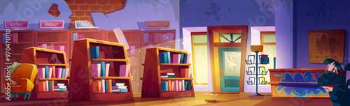 Abandoned closed bookstore interior with books on broken shelves and racks, torn armchair, dirty graffitied counter bar, destroyed entrance door and walls. Cartoon vector crushed shop with literature.